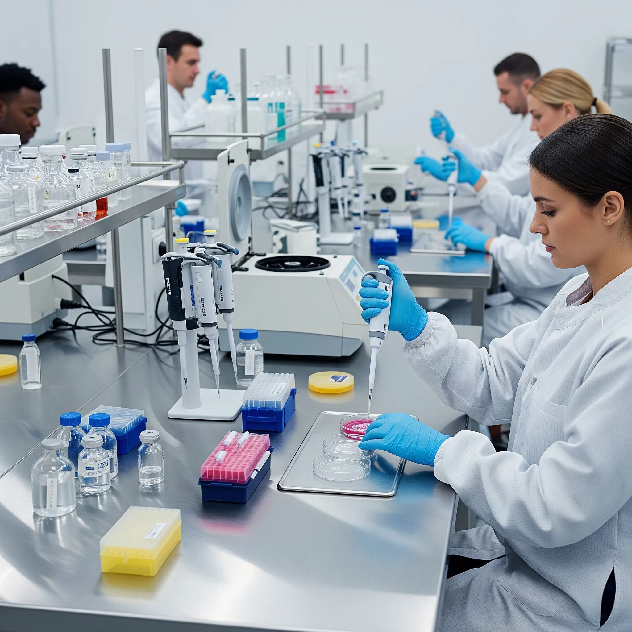 pharmaceutical lab with cleanroom technicians and labware OBObio