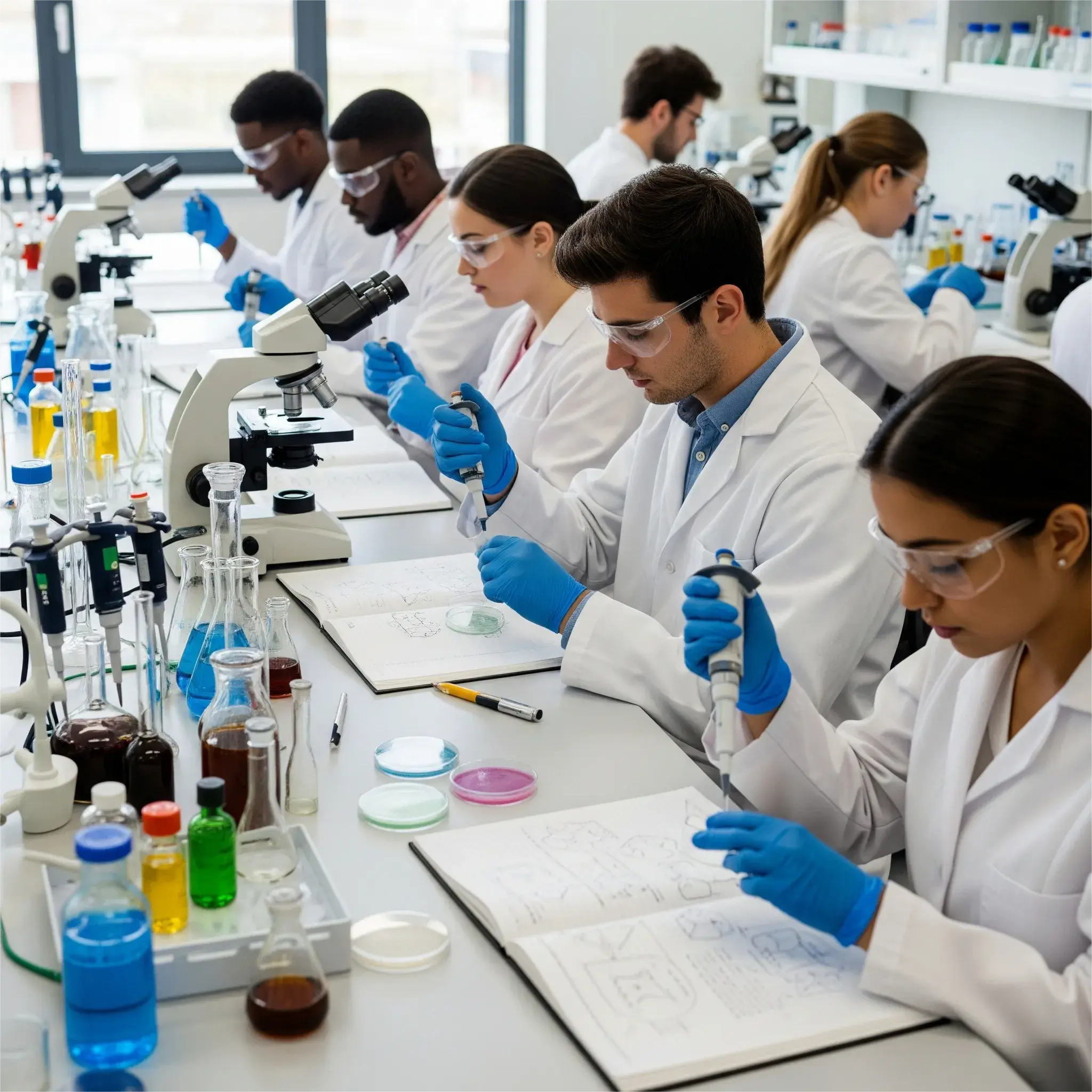 students performing biology experiments using lab consumables in school lab